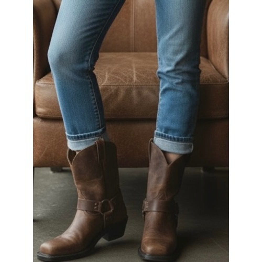 Boulet Distressed Style Brown Leather Harness Cowboy Boots Square Toe Size 9